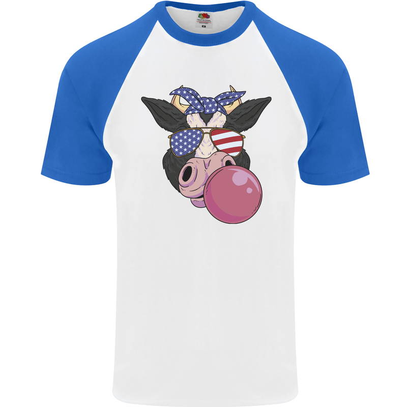 Bubblegum Cow American Shades & Bubble Gum Mens S/S Baseball T-Shirt White/Royal Blue