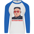 Rocket Man Kim Jong-un Missile Test Funny Mens L/S Baseball T-Shirt White/Royal Blue