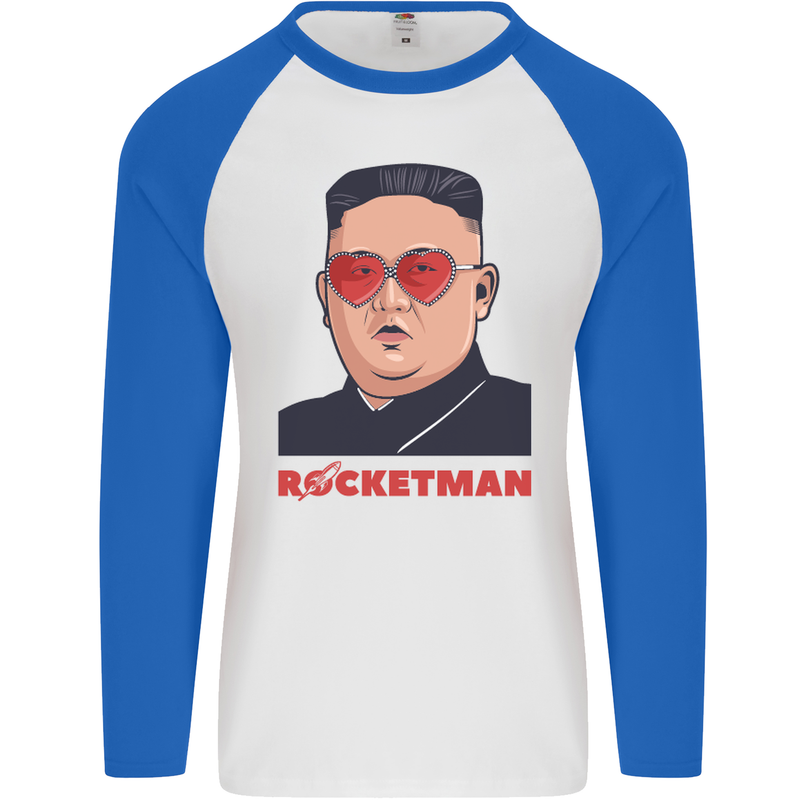 Rocket Man Kim Jong-un Missile Test Funny Mens L/S Baseball T-Shirt White/Royal Blue