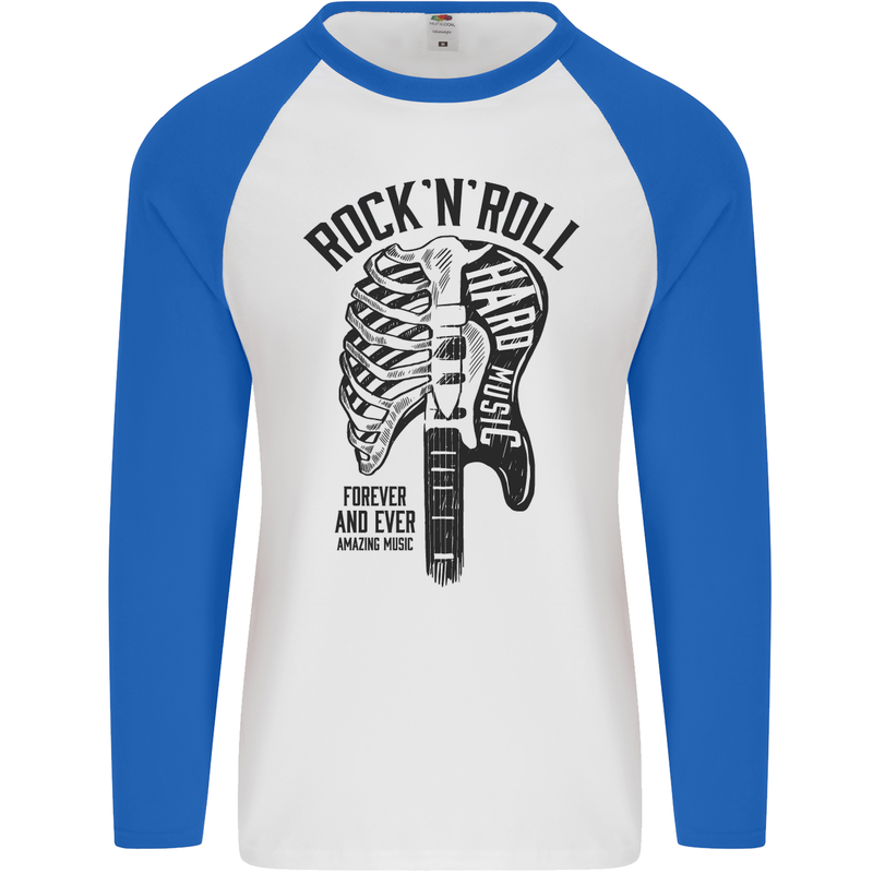 Rock N Roll Forever and Ever Guitar Mens L/S Baseball T-Shirt White/Royal Blue