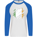 Torn Ireland Flag Irish St Patricks Day Football Mens L/S Baseball T-Shirt White/Royal Blue