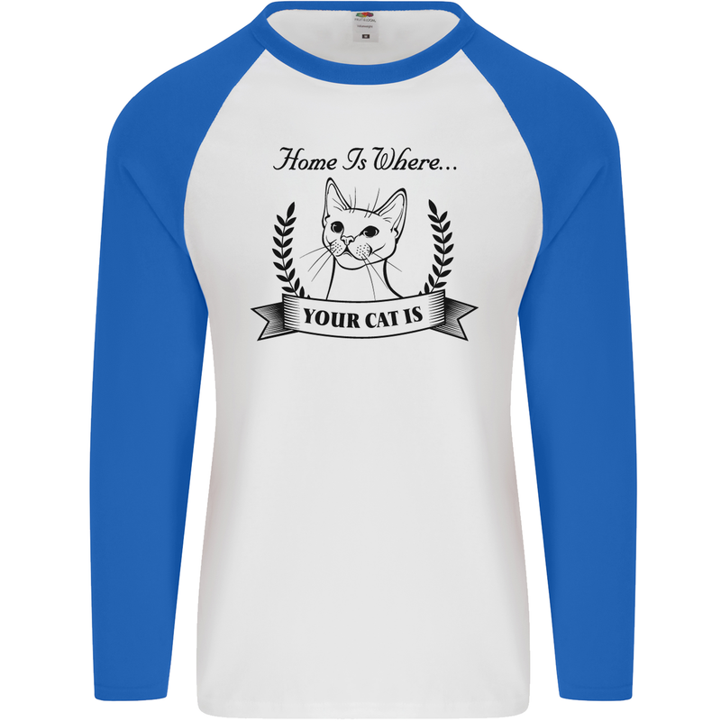 Home Is Where Your Cat Is Funny Kitten Mens L/S Baseball T-Shirt White/Royal Blue