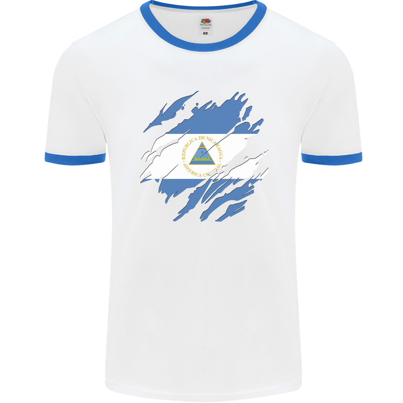 Torn Nicaragua Flag Nicaraguan Day Football Mens Ringer T-Shirt White/Royal Blue