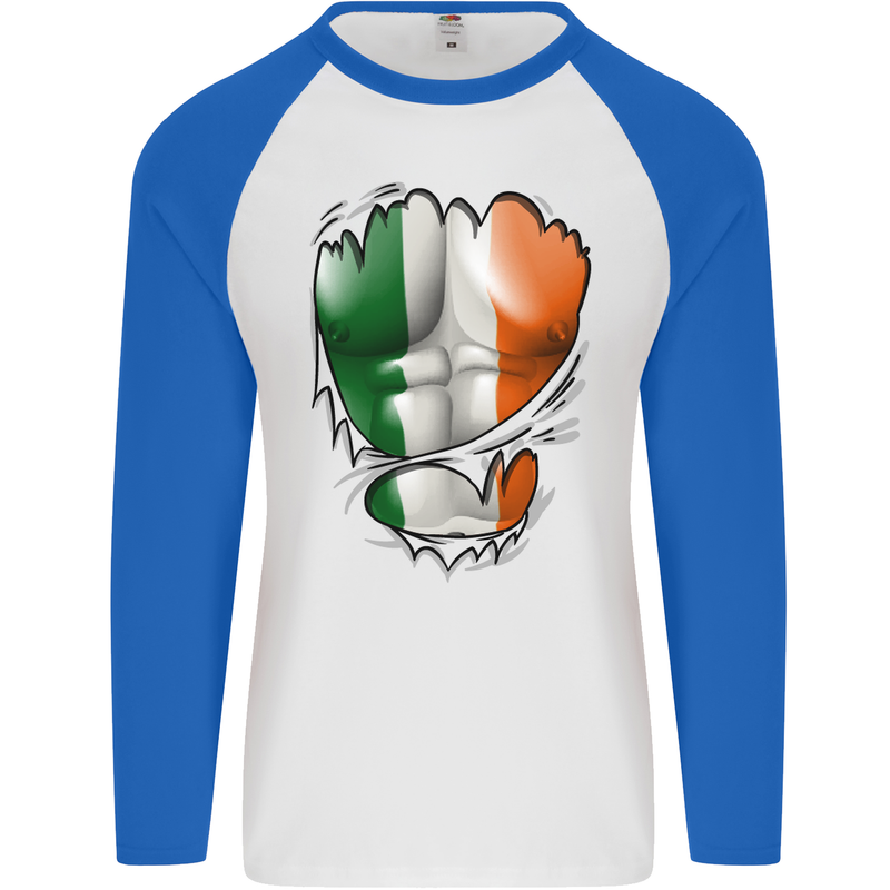 Gym Irish Tricolour Flag Muscles Ireland Mens L/S Baseball T-Shirt White/Royal Blue