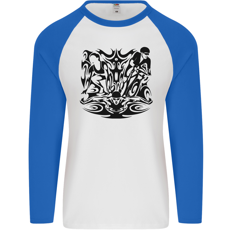 Tribal Triathlon Swimming Running Cycling Mens L/S Baseball T-Shirt White/Royal Blue