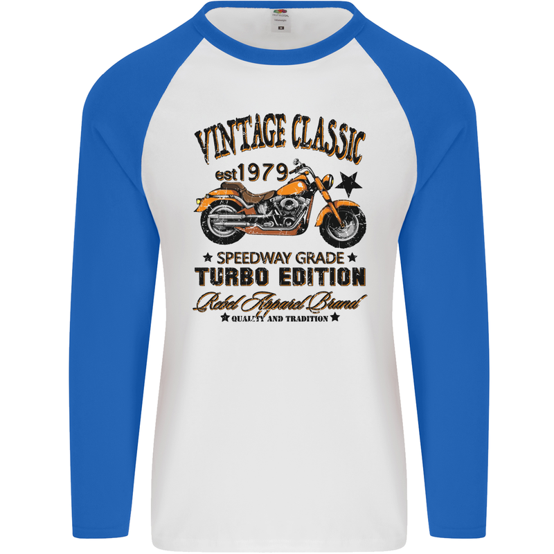 Vintage Classic Motorcycle Motorbike Biker Mens L/S Baseball T-Shirt White/Royal Blue