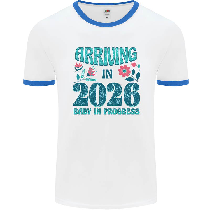 Arriving 2026 New Baby Pregnancy Pregnant Mens Ringer T-Shirt White/Royal Blue