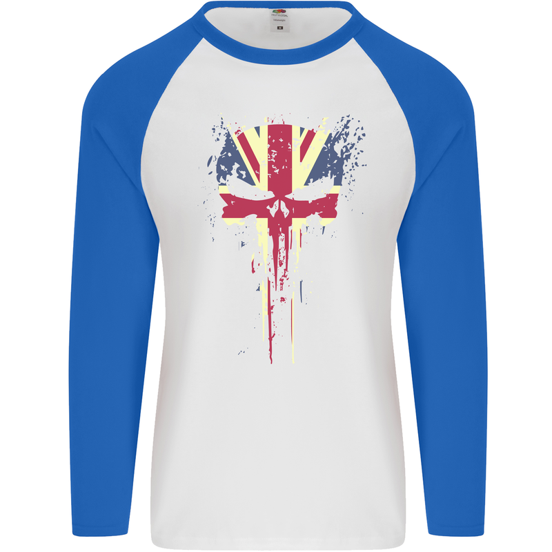 Union Jack Skull Gym St. George's Day Mens L/S Baseball T-Shirt White/Royal Blue