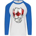 Gym Canadian Maple Leaf Flag Muscles Canada Mens L/S Baseball T-Shirt White/Royal Blue