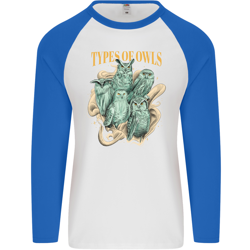 Types of Owls Species Mens L/S Baseball T-Shirt White/Royal Blue