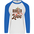 Christian Rooted in Love Christianity Jesus Mens L/S Baseball T-Shirt White/Royal Blue