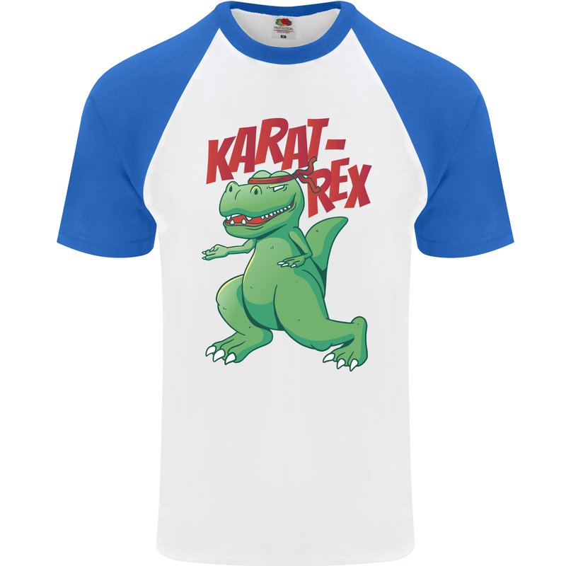 Karat-Rex Karate T-Rex Dinosaur Mens S/S Baseball T-Shirt White/Royal Blue