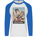 A Sumo Wrestler Playing the Electric Guitar Mens L/S Baseball T-Shirt White/Royal Blue