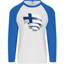Curled Finland Flag Finnish Day Football Mens L/S Baseball T-Shirt White/Royal Blue