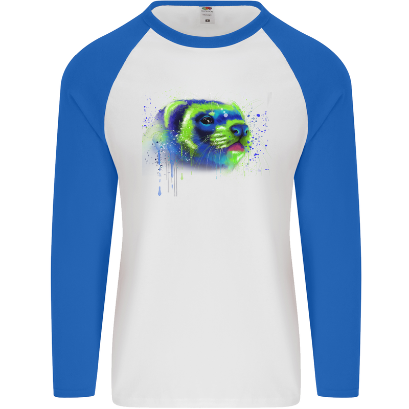 A Ferret Watercolour Mens L/S Baseball T-Shirt White/Royal Blue