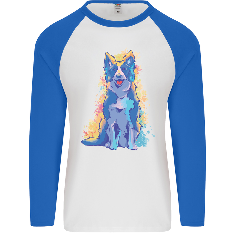 A Colourful Border Collie Dog Design Mens L/S Baseball T-Shirt White/Royal Blue