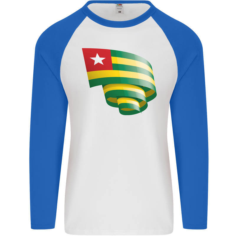 Curled Togo Flag Togolese Day Football Mens L/S Baseball T-Shirt White/Royal Blue