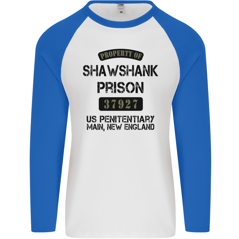 Property of Shawshank Prison Movie 90's Mens L/S Baseball T-Shirt White/Royal Blue