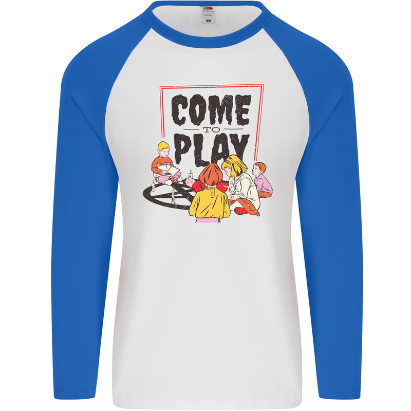 Come to Play Lets Summon Demons Ouija Board Mens L/S Baseball T-Shirt White/Royal Blue