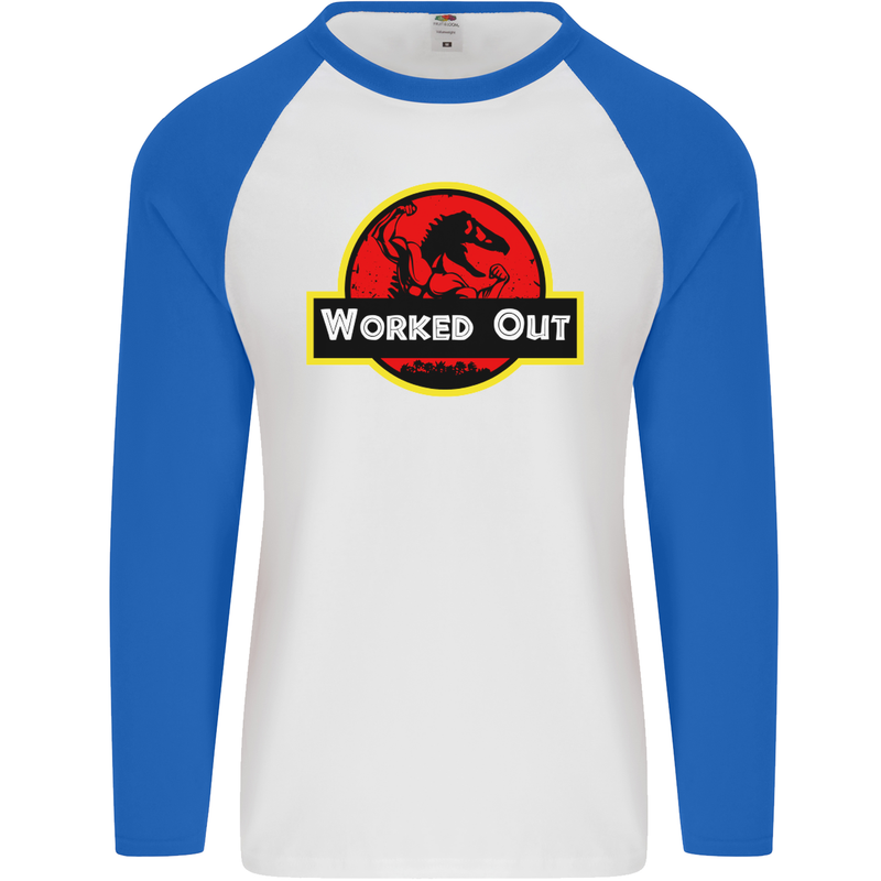 Gym Worked Out Training Top Fitness Mens L/S Baseball T-Shirt White/Royal Blue