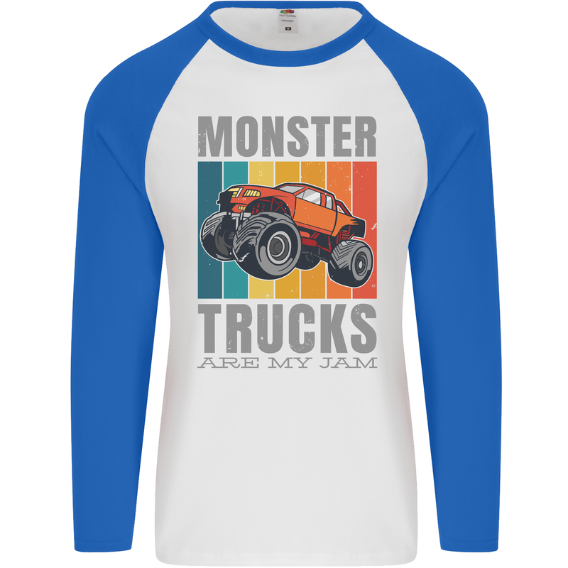 Monster Trucks are My Jam Mens L/S Baseball T-Shirt White/Royal Blue