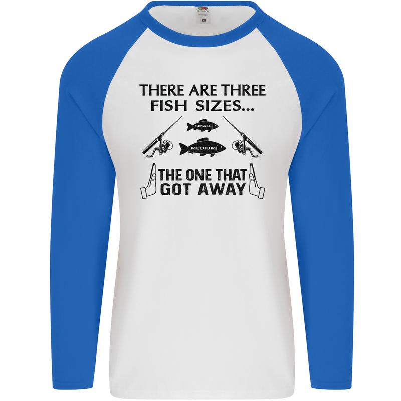 Three Fish Sizes Funny Fishing Fisherman Mens L/S Baseball T-Shirt White/Royal Blue