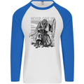 Teutonic Knight Never Give Up Crusader Gym Mens L/S Baseball T-Shirt White/Royal Blue