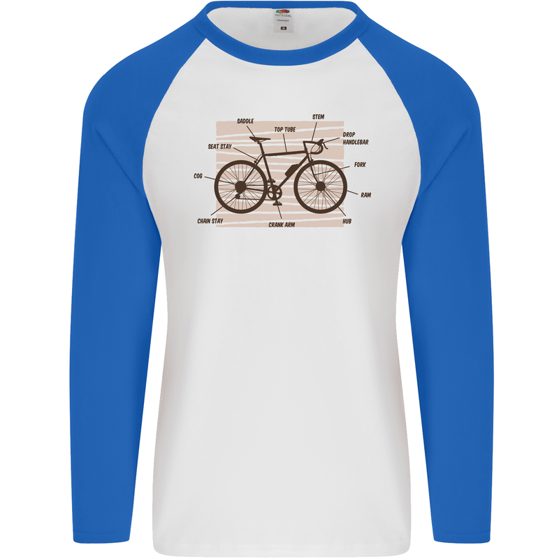 Bicycle Anatomy Funny Cycling Cyclist Funny Mens L/S Baseball T-Shirt White/Royal Blue