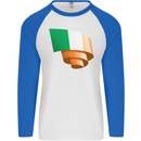 Curled Ireland Flag Irish St Patricks Day Football Mens L/S Baseball T-Shirt White/Royal Blue