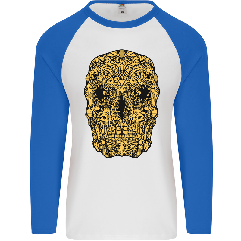 Ethnic Skull Gothic Tribal Demon Mens L/S Baseball T-Shirt White/Royal Blue