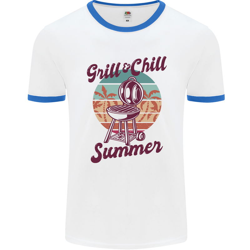 Chill & Grill Funny Summer BBQ Braai Mens Ringer T-Shirt White/Royal Blue