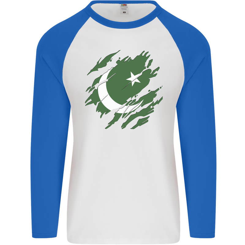 Torn Pakistan Flag Pakistani Day Football Mens L/S Baseball T-Shirt White/Royal Blue