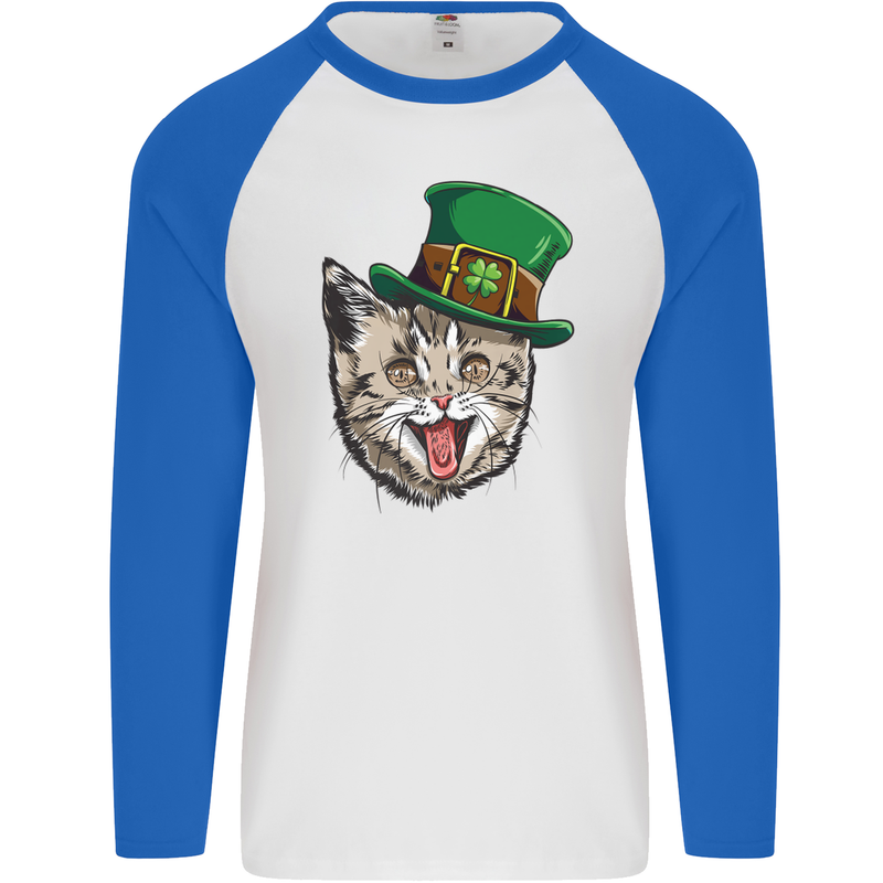 St Patricks Day Cat Funny Irish Mens L/S Baseball T-Shirt White/Royal Blue