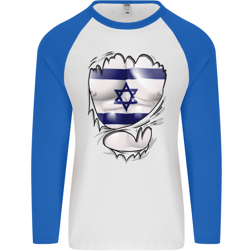 Gym The Israeli Flag Ripped Muscles Israel Mens L/S Baseball T-Shirt White/Royal Blue