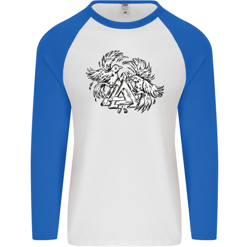 Vikings Valknut Symbol With Ravens Mens L/S Baseball T-Shirt White/Royal Blue
