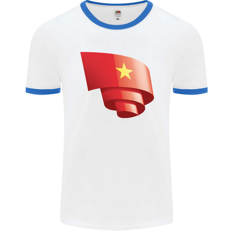 Curled Vietnam Flag Vietnamese Day Football Mens Ringer T-Shirt White/Royal Blue