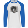 USA Bodybuilding Flag Gym Training Spartan Mens L/S Baseball T-Shirt White/Royal Blue