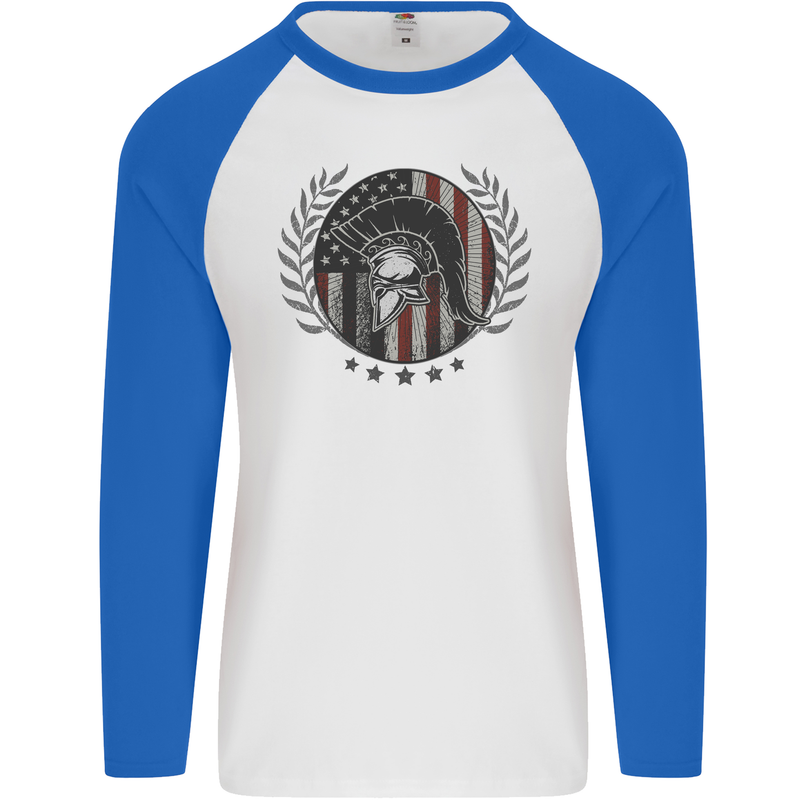 USA Bodybuilding Flag Gym Training Spartan Mens L/S Baseball T-Shirt White/Royal Blue