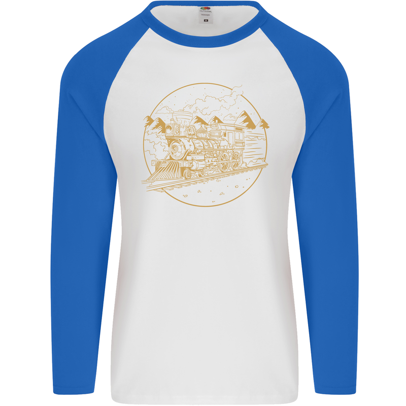 Gold Locomotive Steam Engine Train Spotter Mens L/S Baseball T-Shirt White/Royal Blue