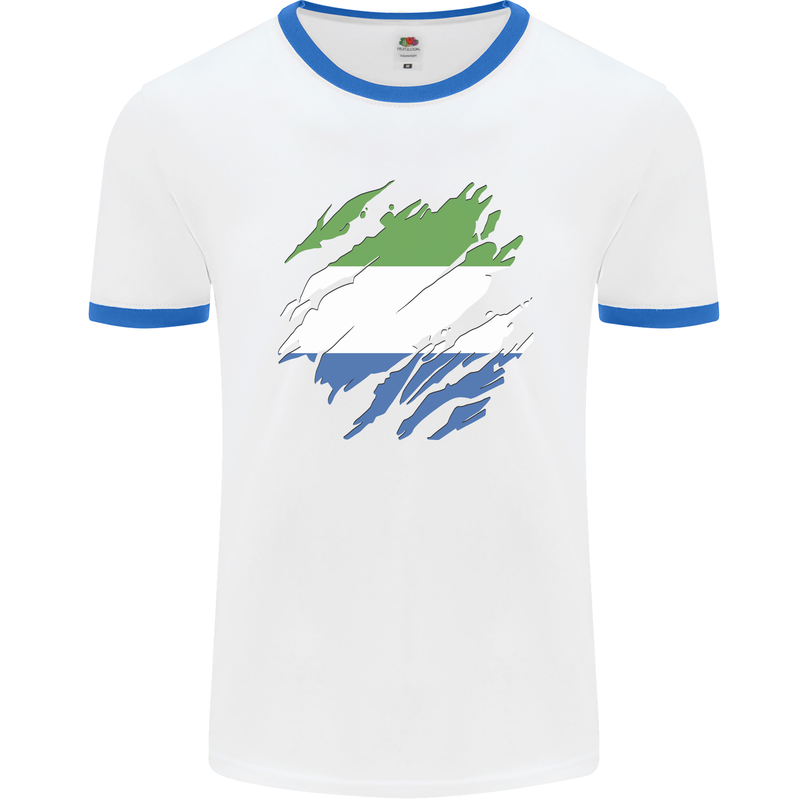 Torn Sierra Leone Flag Leonian Day Football Mens Ringer T-Shirt White/Royal Blue