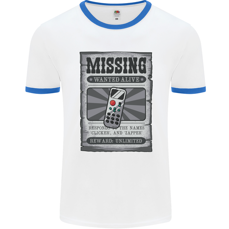 Wanted Remote Control Funny TV Lost Misplaced Mens Ringer T-Shirt White/Royal Blue