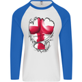 Gym St. George's Cross English Flag Muscles Mens L/S Baseball T-Shirt White/Royal Blue