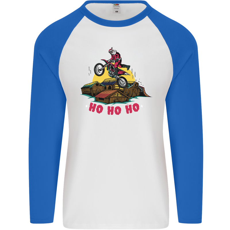 Christmas Santa Motocross Dirt Bike Mens L/S Baseball T-Shirt White/Royal Blue