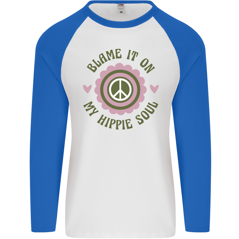 Blame It on My Hippy Soul 60s 70s Flower Power Mens L/S Baseball T-Shirt White/Royal Blue