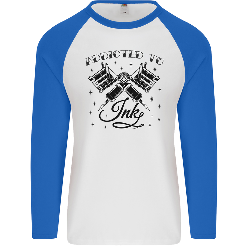 Addicted to Ink Tattoo Artist Mens L/S Baseball T-Shirt White/Royal Blue