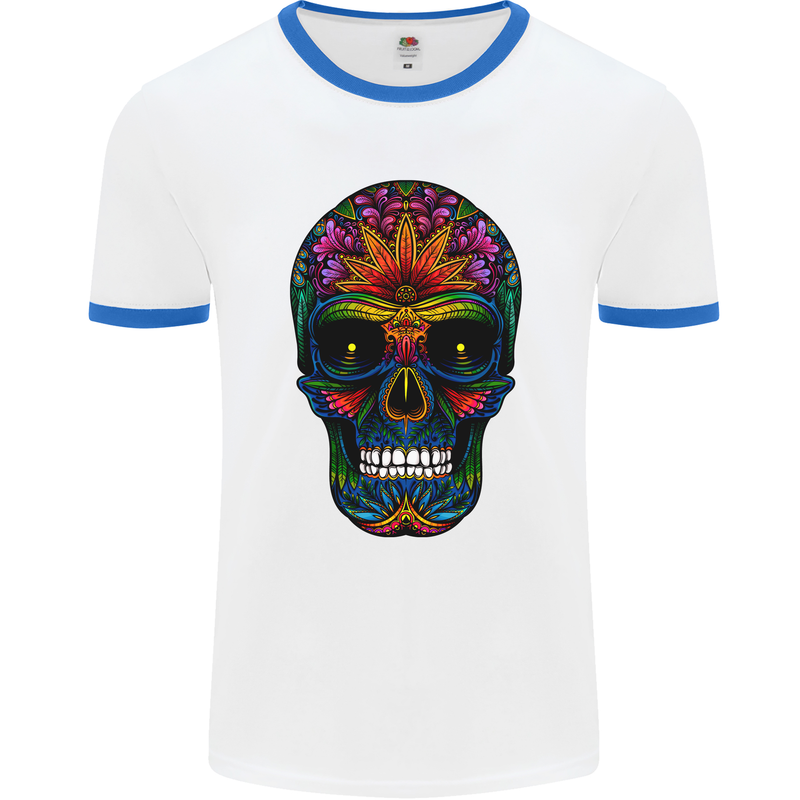 Sugar Skull Mens Ringer T-Shirt White/Royal Blue