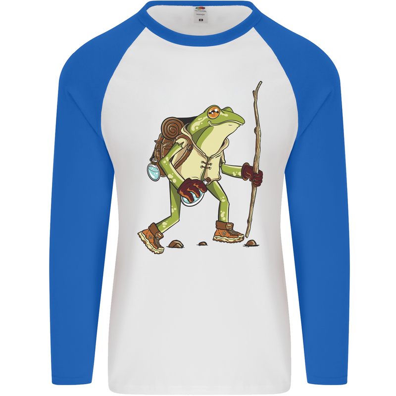 Trekking Hiking Rambling Frog Toad Funny Mens L/S Baseball T-Shirt White/Royal Blue