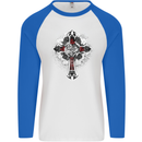 Steampunk Cross Gothic Heavy Metal Biker Mens L/S Baseball T-Shirt White/Royal Blue