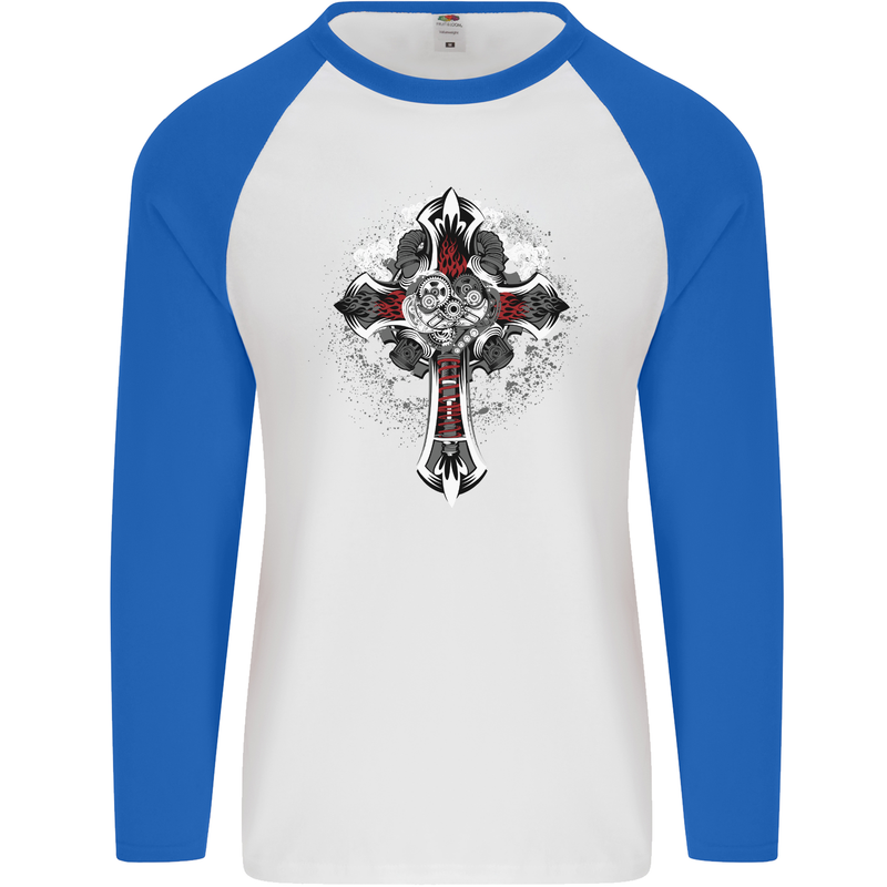 Steampunk Cross Gothic Heavy Metal Biker Mens L/S Baseball T-Shirt White/Royal Blue