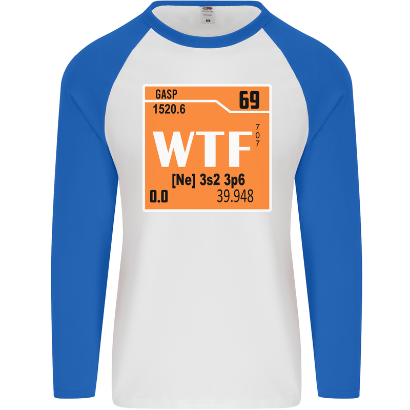 WTF Periodic Table Chemistry Geek Funny Mens L/S Baseball T-Shirt White/Royal Blue